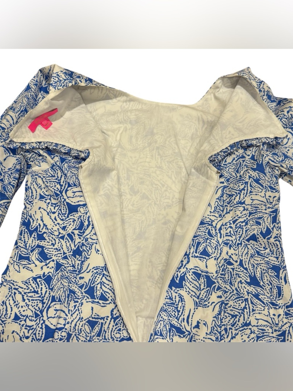 Lilly Pulitzer Lina Top Women 12 Blue White Foxed Up Print Ruffle Rare Preppy - Picture 7 of 11